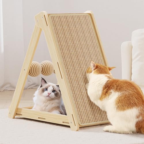 Faltbares Sisal Kratzbrett für Katzen,60x30x52cm Kratzbrett Katze,3 In 1 Abriebfestes Katzenkratzbret,Katzenkratzbrett mit Massivholzrahmen,Sisal und Plüschbällen,Keine Installation Erforderlich von Peiaw