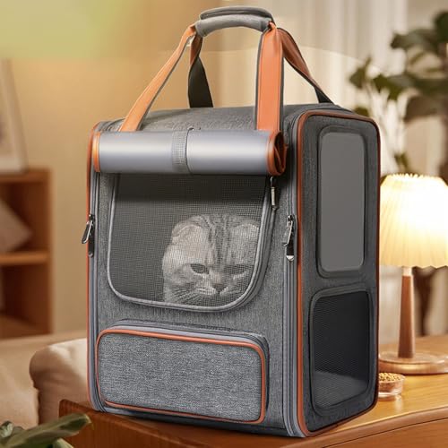 Große Katzen Rucksack Tragetasche für Katzen & kleine Hunde,Belüfteter & Robuster Haustier Rucksack für Wandern,Camping,Reisen Leichtes,Faltbare Transporttasche,Ergonomisches Design,Grau von Peiaw