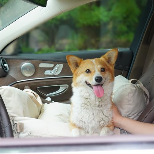 Hunde Autositz,Abnehmbar und Waschbarer Rutschfester Hundesitz Kleine und Mittlere Hunde,Tragbar mit Sicherheitsgurt und Seitliche Lagerung Taschen,Geeignet für Rück-und Vordersitz,Beige von Peiaw