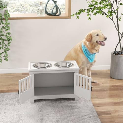 Hundefutterstation mit 2 Edelstahlschalen,Elevated Pet Bowl Stand für Große Hunde (Schulterhöhe 60-75cm),Futterstelle mit Stauraum & Sicherheitsverriegelung,Weißes Design für Modernes Zuhause von Peiaw