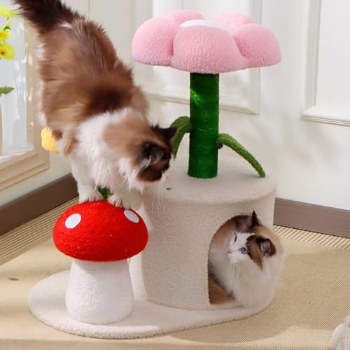 Katzen Kratzbaum,Katzenbaum Blumen Pilz Design,65 cm Katzenbaum Kletterturm,Kletterbaum Aktivitätskratzbäum mit Säulen Vollständig mit Sisal umwickelt,Katzenspielzeug,Höhle,Plattformen,Liegemulde von Peiaw
