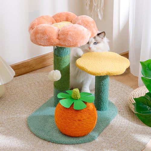 Katzenkratzbaum Spielset,Mehrschichtiger Kratzstamm mit Blumen - & Pilzplattform,Orange - Kratzelement & Anhänger,Stabiler Chassis für Klettern,Krabbeln & Ausruhen,Kleiner Katzenbaum(48x50x38cm) von Peiaw