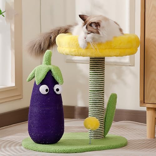 Katzenkratzbaum mit Gemüse-Design,Aubergine & Pilz-Nest aus Kristallsamt für Indoor-Katzen,Sisal-Kratzposten & Klingelpapier-Blätter,Katzenturm mit Sisal-überzogenem Kratzbaum,Katzenkratzbaum von Peiaw