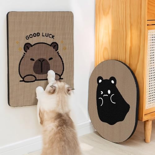 Kratzbrett Katze,Katzenkratzbrett mit Niedlichem Motiv–Kratzmatte aus Wellpappe,2 Designs,Wand- & Bodenmontage, Inkl Nanokleber & Katzenminze,Ideal für Kratzen & Liegen (45 * 35cm, Geisterbär) von Peiaw