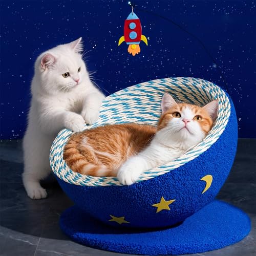 Kreis Kratzbrett für Katzen,Katzenkratzmöbel Weltall Design,Katzenkorb mit Raketenspielzeug,Kratzmatte für Katzen zum Kratzen und Spielen,Stabiler Kratzbaum mit Weichem Innenfutter von Peiaw