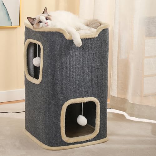 Lagiges Katzenhaus Katzenhöhle für Innenkatzen Rechteckiges Katzenhaus Hängespielzeug Indoor,Katzenbett für Indoor-Katzen,Katzentonne,Katzenhöhle,Kratzbaum Klein (Grau, Zweilagig) von Peiaw