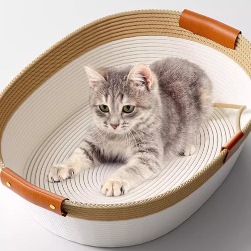 Peiaw Katzenbett Korb - Baumwollseil Katzenkorb,Gewebtes Katzenbett,Handgewebtes Baumwollseil-katzenbett,Gemütliches Haustierbett Mit Spielball,zum Schlafen für Alle Katze (M - 55 * 40 * 17cm) von Peiaw