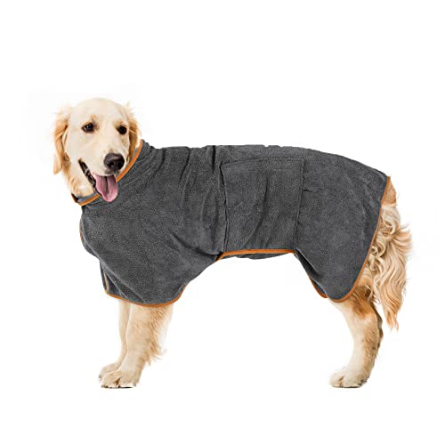 Pejoye Grau Hundebademantel aus Mikrofaser - Pfotentuch, Hunde Handtuch mit Verstellbarem Riemen, Haustier Bademantel mit Klettverschluss, Hund Bademantel Mantel von Pejoye