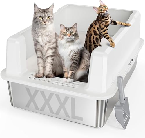 XXL-Katzentoilette aus Edelstahl mit hoher Seite, 66 cm L x 45,7 cm B x 30,5 cm H, extra große Katzentoilette für große Katzen und mehrere Katzen, Katzentoilette mit Anti-Urin-Auslauf, leicht zu von Pematar