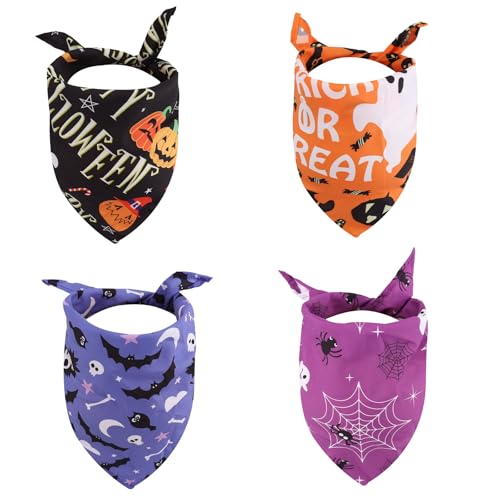 4stk Halloween Hund Halstuch, Verstellbar Dreieckiges Hundetuch Kürbis Geist Spinnennetz Druck Lätzchen Halloween Kostüm Zubehör für Kleine Mittelgroße Große Haustiere (Stil A) von Penitue