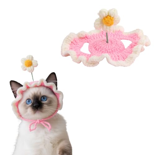 Mützen für Katzen, Süße Blumenhäkelmütze für Katzen Gestrickter Kopfschmuck Halloween Weihnachten Welpen Haustier Kleine Strickmütze Dekoration (Rosa) von Penitue