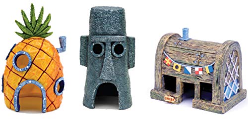 Penn-Plax Spongebob Schwammkopf, offizielles Lizenzprodukt, 3-teiliges Aquarium-Ornament-Set – Spongebob's Ananashaus, Squidward's Easter Island Home, und The Krusty Krab von Penn-Plax