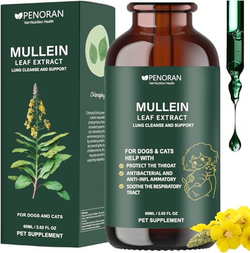 Mullein (Königskerze)-Blatt-Extrakt-Tropfen 60ml – Lungenreinigung für Haustiere, Atemwegsunterstützung für Hunde & Katzen – Fördert die Lungengesundheit, Lindert Halsschmerzen, Heiserkeit und Husten von Penoran