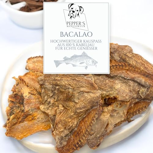 Bacalao – Exklusives Kauvergnügen aus 100% Kabeljau. Die schonend getrockneten Stücke, bieten Ihrem Hund einen hochwertigen, naturbelassenen Kausnack mit vielen gesundheitlichen Vorteilen (200g) von Pepper´s Manufaktur