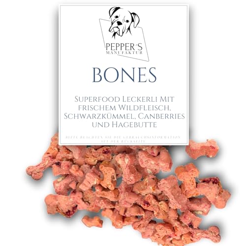 Bones von Pepper’s Manufaktur – Premium-Leckerli mit Wildfleisch, Schwarzkümmel & Superfoods, natürliche Belohnung für Hunde, glutenfrei, 100 % Natur, ohne künstliche Zusätze (500g) von Pepper´s Manufaktur