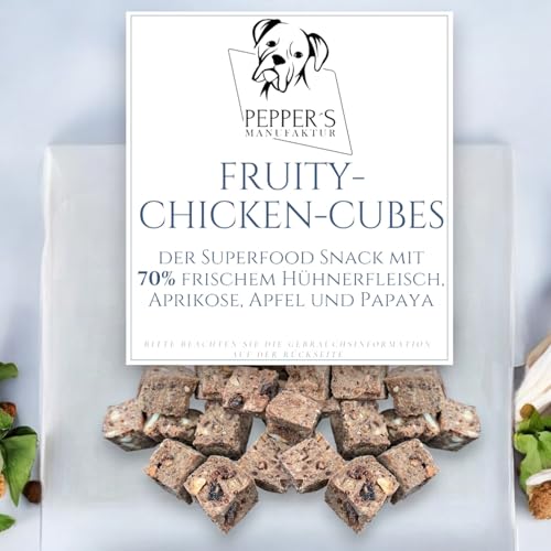 Fruity-Chicken-Cubes mit 70% frisches Hühnerfleisch, Aprikose, Apfel und Papaya Leckerli/Kausnack mit einen unwiderstehlichen Geschmack und zahlreiche gesundheitlichen Vorteilen (100g) von Pepper´s Manufaktur