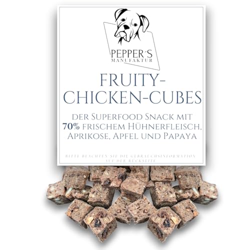 Fruity-Chicken-Cubes mit 70% frisches Hühnerfleisch, Aprikose, Apfel und Papaya Leckerli/Kausnack mit einen unwiderstehlichen Geschmack und zahlreiche gesundheitlichen Vorteilen (200g) von Pepper´s Manufaktur