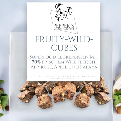 Fruity-Wild-Cubes - mit 70% frischem Wildfleisch, Aprikose, Apfel und Papaya Leckerli/Kausnack mit einen unwiderstehlichen Geschmack und zahlreiche gesundheitlichen Vorteilen (500g) von Pepper´s Manufaktur