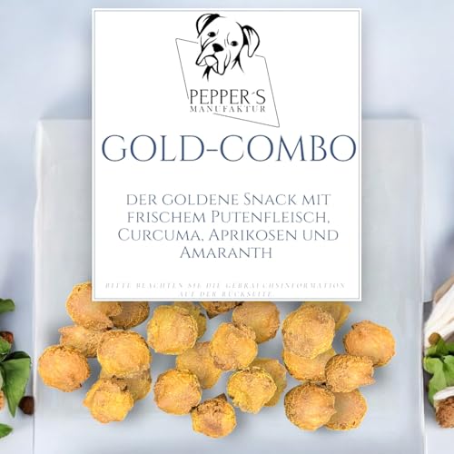 Gold-Combo - mit frischem Putenfleisch, Joghurt, Amarant, Curcuma und Honig TrainingsLeckerli/Kausnack mit einen unwiderstehlichen Geschmack und zahlreichen gesundheitlichen Vorteilen. (100g) von Pepper´s Manufaktur