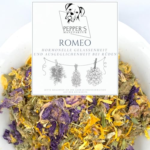 Romeo von Pepper’s Manufaktur – natürliche Kräuterkomposition für Rüden, unterstützt hormonelle Balance & innere Ruhe, beruhigend & ausgleichend bei Nervosität & Stressverhalten (100g) von Pepper´s Manufaktur