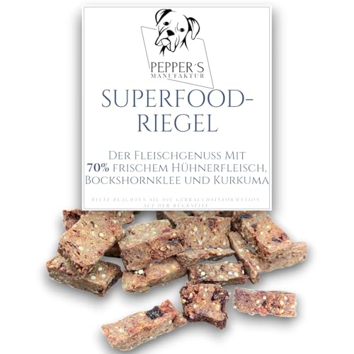 Superfood-Riegel von Pepper’s Manufaktur – Hundeleckerli mit 70 % Hühnerfleisch, Quinoa & Kurkuma – Getreidefreie Belohnung mit Superfoods & natürlichen Vitaminen (100g) von Pepper´s Manufaktur