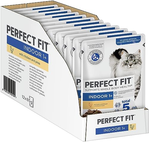 Perfect Fit Indoor 1+ – Katzennassfutter im Portionsbeutel für erwachsene Hauskatzen ab 1 Jahr – mit Huhn und Erbsen in Sauce – Anti-Hairball Effekt – Katzenfutter – Portionsbeutel (12 x 85g) von Perfect Fit