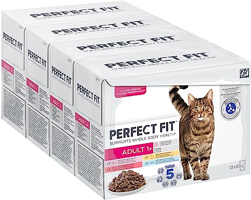 Perfect Fit Adult 1+ Katzennassfutter Auswahl mit Lachs, Hochseefisch, Rind und Huhn, 48 Portionsbeutel, 12x85g (4er Pack) – Premium Katzenfutter nass, für erwachsene Katzen ab 1 Jahr von Perfect Fit