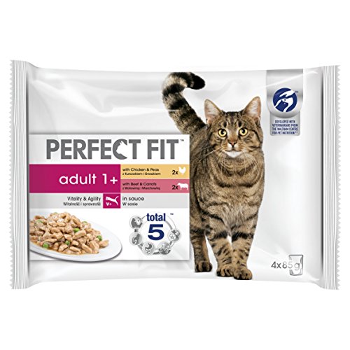 Adult 1+ Katzenfutter nass in Sauce mit Huhn und Rind 28 Portionsbeutel à 85g (7x4x85g) von Perfect Fit