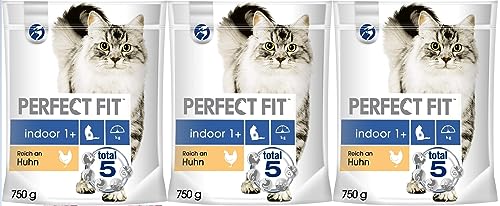 Indoor 1+ Katzentrockenfutter reich an Huhn, 3 Beutel, 3x750g – Premium Katzenfutter trocken für Erwachsene Hauskatzen ab 1 Jahr, zur Unterstützung der Vitalität von Perfect Fit
