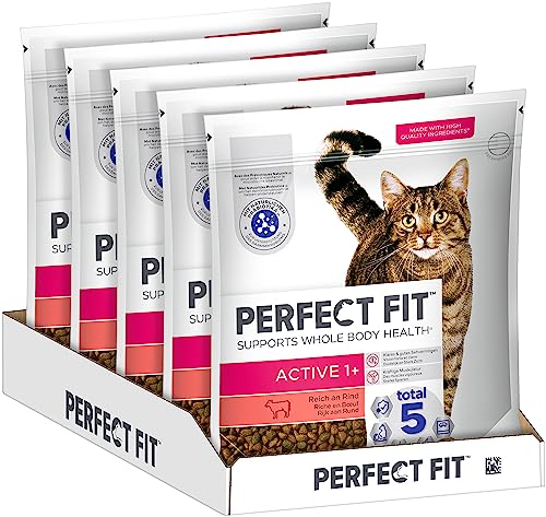 PERFECT FIT Adult Trockenfutter für erwachsene, aktive Katzen ab 1 Jahr - Rind, 1,4 kg (5 Beutel) von Perfect Fit
