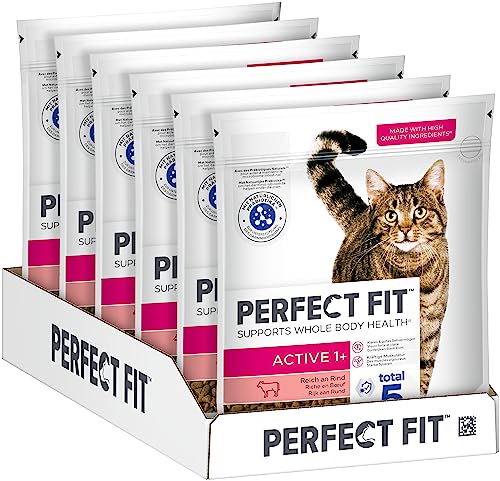 PERFECT FIT Adult Trockenfutter für erwachsene, aktive Katzen ab 1 Jahr - Rind, 750g (6 Beutel) von Perfect Fit