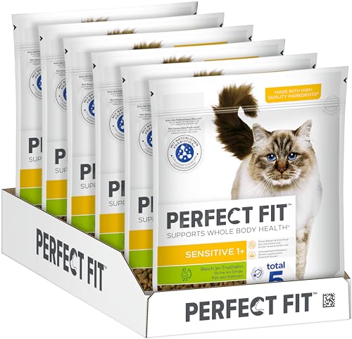 PERFECT FIT Adult Trockenfutter für erwachsene, sensitive Katzen ab 1 Jahr - Truthahn, 750g (6 Beutel) von Perfect Fit