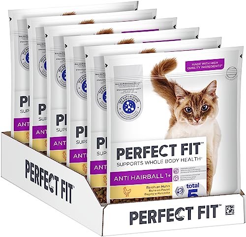 PERFECT FIT Anti-Hairball Adult Trockenfutter für erwachsene Katzen ab 1 Jahr - Huhn, 750g (6 Beutel) von Perfect Fit