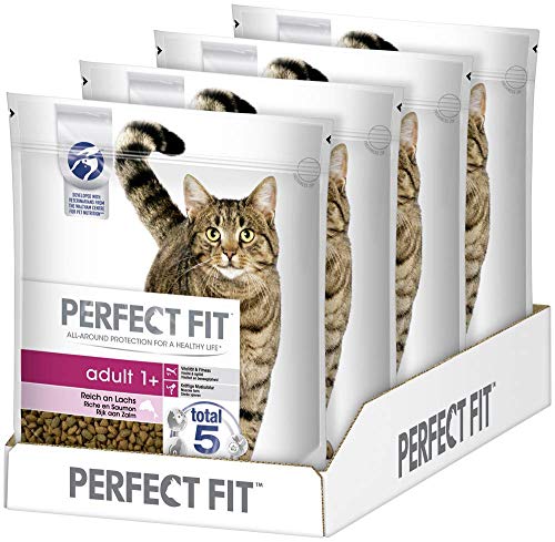 Perfect Fit Adult 1+ – Trockenfutter für erwachsene Katzen ab 1 Jahr – Reich an Lachs – Unterstützt die Vitalität – 4 x 1.4 kg von Perfect Fit