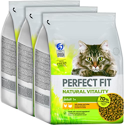 Perfect Fit Natural Vitality Adult 1+ – Trockenfutter für erwachsene Katzen ab 1 Jahr – Huhn und Truthahn – Unterstützt die Vitalität –3 x 2,4 kg von Perfect Fit