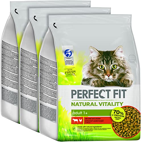 Perfect Fit Natural Vitality Adult 1+ – Trockenfutter für erwachsene Katzen ab 1 Jahr – Rind und Huhn – Unterstützt die Vitalität – 3 x 2,4 kg von Perfect Fit