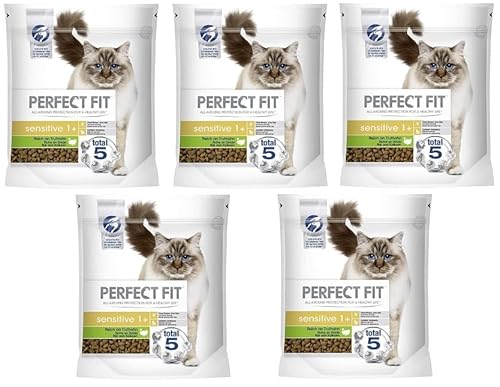 Sensitive 1+ – Trockenfutter für Erwachsene, Sensible Katzen ab 1 Jahr – Reich an Truthahn – Ohne Weizen und Soja – Unterstützt die Verdauung – 5 x 750 g von Perfect Fit