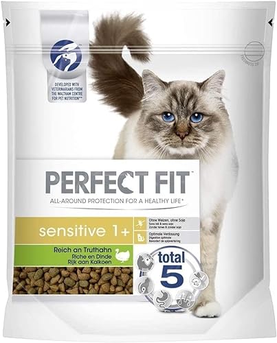 Sensitive 1+ – Trockenfutter für Erwachsene, Sensible Katzen ab 1 Jahr – Reich an Truthahn – Ohne Weizen und Soja – Unterstützt die Verdauung 750 g von Perfect Fit