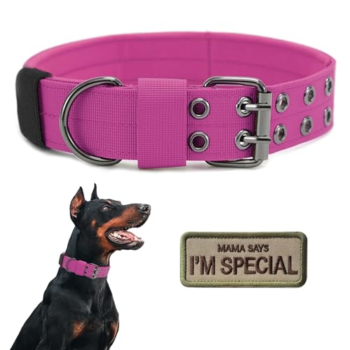 Taktisches Hundehalsband, Militär, verstellbar, weiches Nylon, Trainingshalsband mit Aufnäher, robuste Metallschnalle, Halsbänder für mittelgroße und große Hunde (M, Rosa) von Periflowin