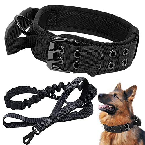 Taktisches Hundehalsband und Leine, Set – Militärisches Hundehalsband, Trainingshalsband, mit gepolstertem Griff für mittelgroße und große Hunde (M, P1-Schwarz) von Periflowin