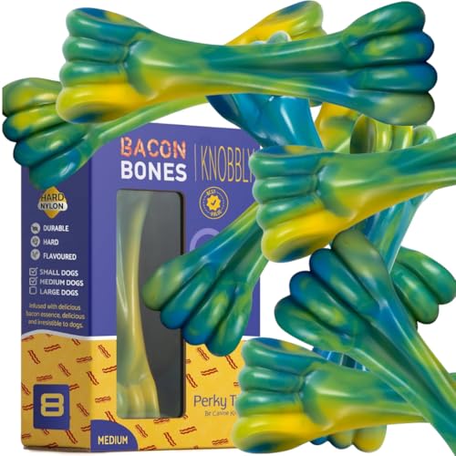 Perky Tails Robustes Hundespielzeug für mittelgroße und kleine Hunde – Nylon-Kauspielzeug mit Speckgeschmack für aggressive Kauer, 8 Stück von Perky Tails