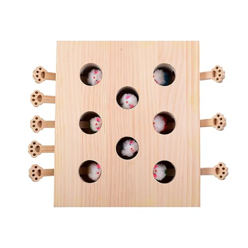 Permangallop Interaktives Katzenspielzeug, Holz, Spielzeug, Maulwurf Maus, Puzzle Box mit süßen Cartoon Spielzeugen für Katzen, Jagd, Spielen, Trainieren, Kratzen – 5 Löcher,A (A, Multi) von Permangallop