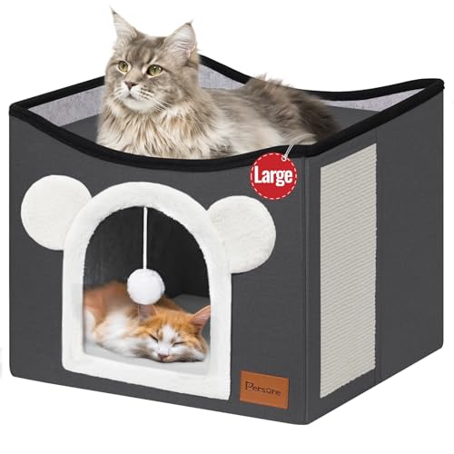 Persue Katzenhaus Katzenbetten für Indoor-Katzen, groß, faltbar, multifunktional, Katzenhöhle für Haustiere mit Schwebeball und Kratzbrett (Dunkelgrau, großes Katzenhaus) von Persure