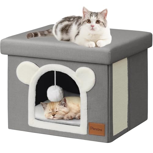 Persue Überdachtes Katzenhaus Katzenbett für Indoor-Katzen, multifunktionaler Wohnzimmer-Fußhocker, Katzenhütte mit doppelseitiger Matte und Katzenkratzbrett (Grau, Fußhocker, Katzenhaus) von Persure