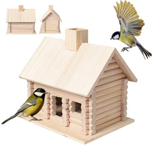 Blockkabinen-Kit 7.7x5.9x7.3 '' atmungsaktives und Leichter Übertragung Paulownia Bird House Glattes poliertes hängendes Holz Vogelhaus für Vögel, die Schutzkabinenkabine nehmen von Perwteriy