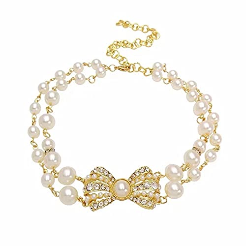 Haustier Perle Halskette 2 Reihen Perle Kragen mit Bling Bogen Einstellbar Hochzeit Kragen Kleidung Outfits Zubehör für Haustiere Kleine Katzen Hunde von Pesine