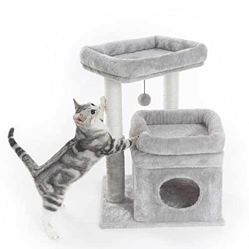 Pesofer Katzenbaum, kleiner Katzenturm mit baumelndem Ball und großen Sitzstangen hellgrau von Pesofer