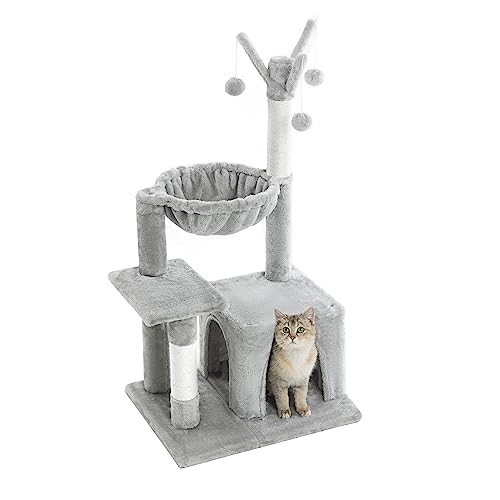 Pesofer Katzenbaum Katzenturm klein für Indoor Katzen mit baumelnden Bällen und runder Hängematte hellgrau von Pesofer