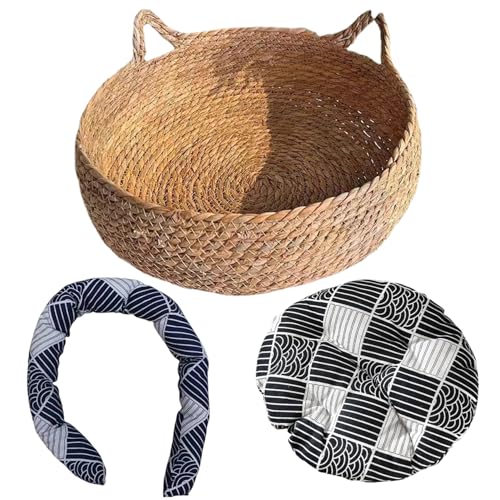 Pesoncarl 3pcs Katzenbetten für Innenkatzen 16, 9 x 5, 5 Zoll 2-in-1 gewebte Katzenkörbe Bett mit weichem Kissen kratzfestes Kätzchen Bett gemütlichen runden Korbkorb von Pesoncarl