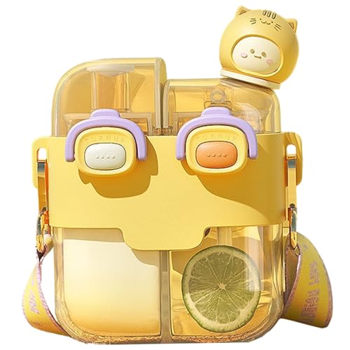Pesoncarl Kawaii Wasserflasche Dual Chamber Water Flasche mit Stroh & Gurt & Lock 530 ml tragbarer Leckdosen für Schulsportreisen, Gelb, Fütterungswässerung Vorräte von Pesoncarl